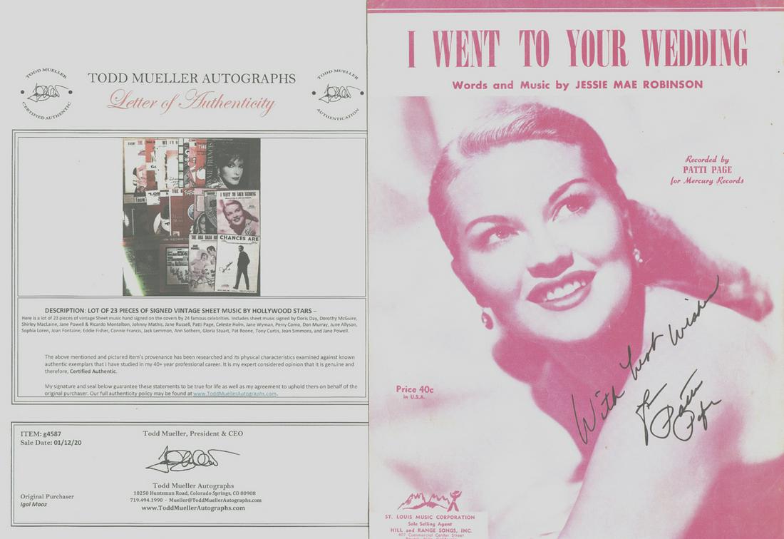 Patti Page - Signed 9 x 12 Vintage Music Sheet w/COA: Patti Page - Signed 9 x 12 Vintage Music Sheet w/COA. From an old collector. Great condition. Comes w/ COA
