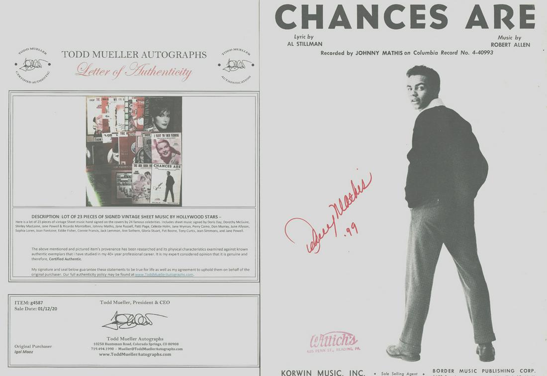 Johnny Mathis - Signed 9 x 12 Vintage Music Sheet w/COA: Johnny Mathis - Signed 9 x 12 Vintage Music Sheet w/COA. From an old collector. Great condition. Comes w/ COA