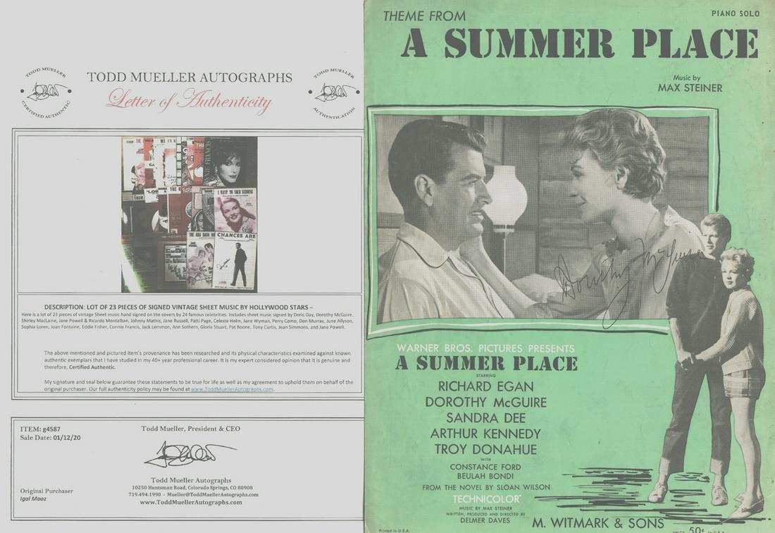 Dorothy McGuire - Signed 9 x 12 Vintage Music Sheet: Dorothy McGuire - Signed 9 x 12Vintage Music Sheet w/COA. From an old collector. Comes w/ COA