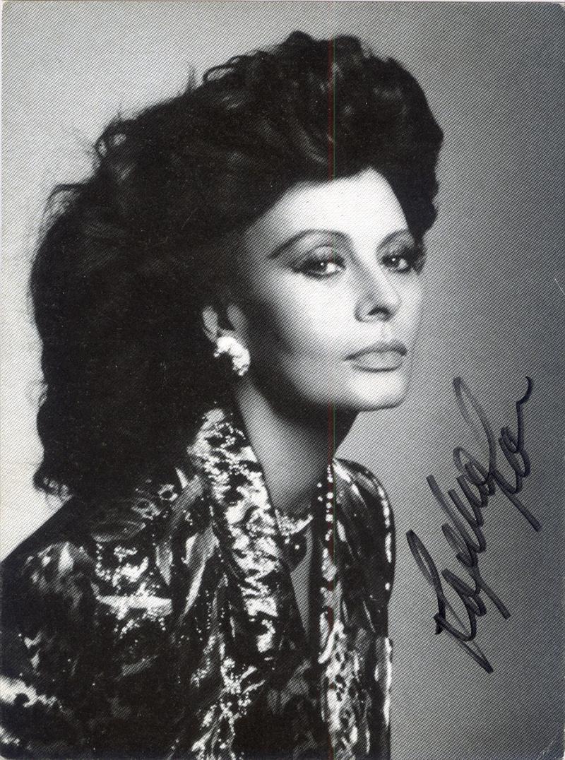 Sophia Loren - 4.25 x 5.75 Signed Photograph w/COA: Sophia Loren - 4.25 x 5.75 Signed Photograph w/COA. A signed black and white card stock photograph signed in black felt tip ink by Sophia Loren. Comes with COA