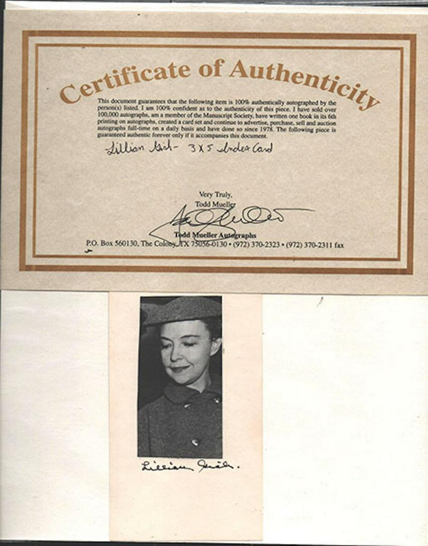 LILLIAN GISH - 3 X 5 INDEX CARD SIGNED PHOTOGRAPH: LILLIAN GISH - 3 X 5 INDEX CARD SIGNED PHOTOGRAPH. COMES WITH COA GUARANTEED BY TOOD MUELLER AUTOGRAPHS