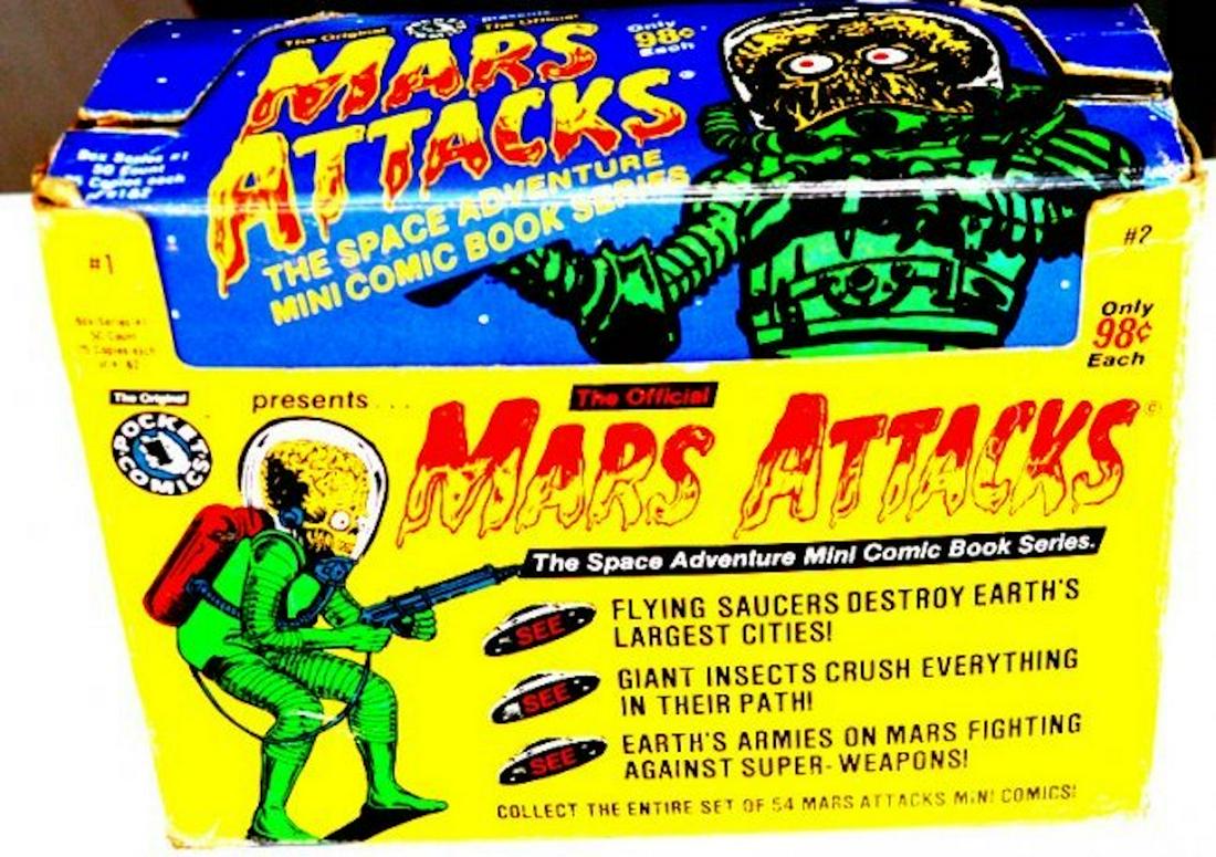 POCKET COMICS MARS ATTACK ADVENTURE CARDS BOX [1&2]: POCKET COMICS MARS ATTACK ADVENTURE COMICS BOX CONTAIN THE #1 AND #2 COMICS COMPLETE 25 OF EACH MINT IN THE BOX,THE ORIGINAL ISSUE 1988 (C)TOPSAND PRODUCE BY POCKET COMICS.