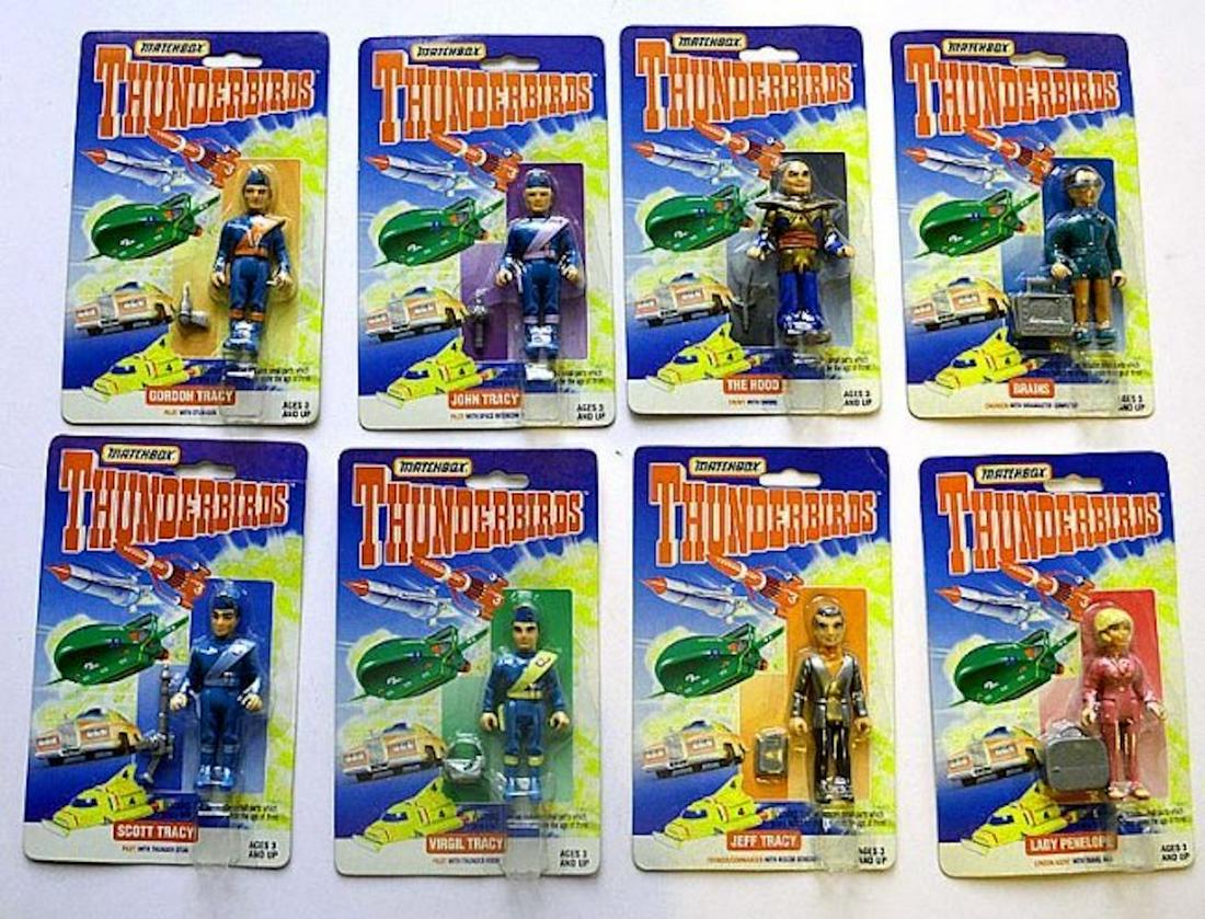 MATCHBOX 8 VERY RARE THUNDERBIRDS MINIATURE FIGURINES: MATCHBOX 8 VERY RARE THUNDERBIRDS MINIATURE FIGURINES. SET INCLUDES: BRAINS (WITH HIRAMASTER COMPUTER), JEFF TRACY (WITH RESCUE SCHEDULE), JOHN TRACY (WITH SPACE INTERCOM), THE HOOD (WITH SWORD), SCOT