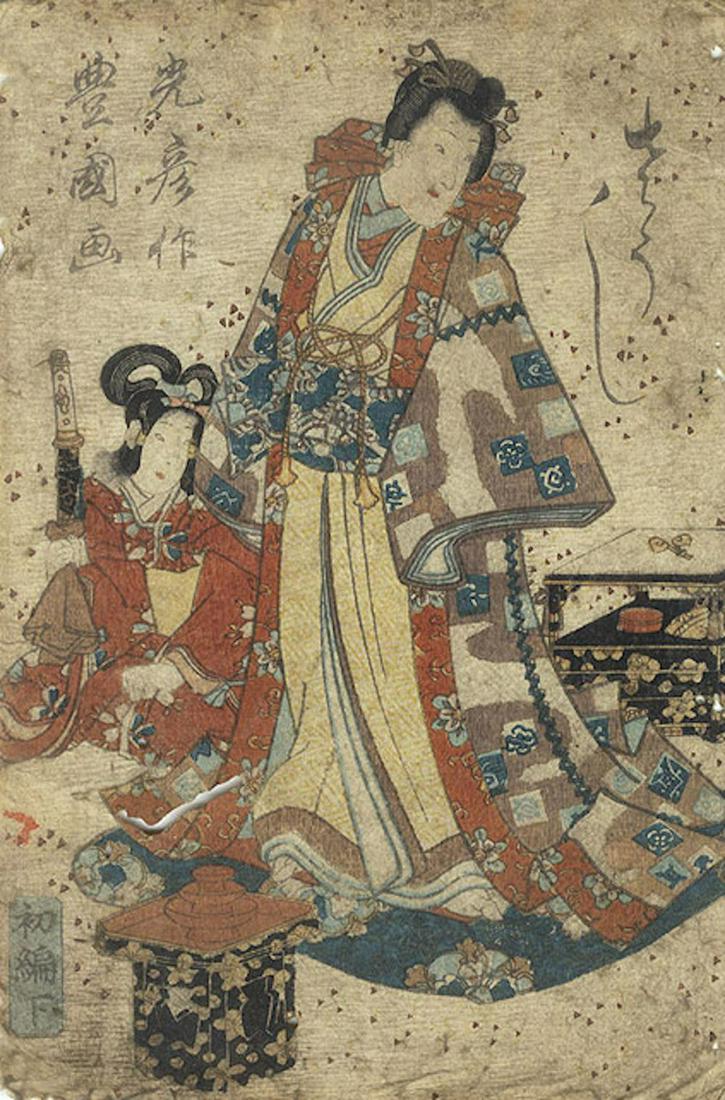 Original Edo era Japanese Woodblock Print: Original Edo era Japanese Woodblock Print. Measures at 6 7/8" x 4 3/4". This print with nice color and detail as shown. Toning and staining. Please see photos for details.