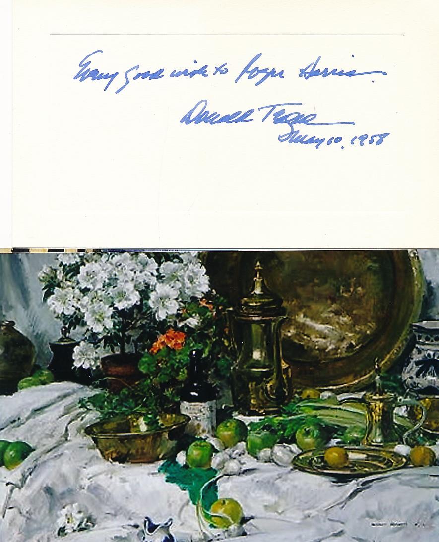 Donald Teague- 5.75 x 3.25 Signed Vintage Notecard (Watercolorist): Donald Teague- 5.75 x 3.25 Signed Vintage Notecard (Watercolorist). Vintage notecard inscribed and signed in blue fountain pen ink by Donald Teague. Dated in 1958. Accompanied by two 6X4 color photogr