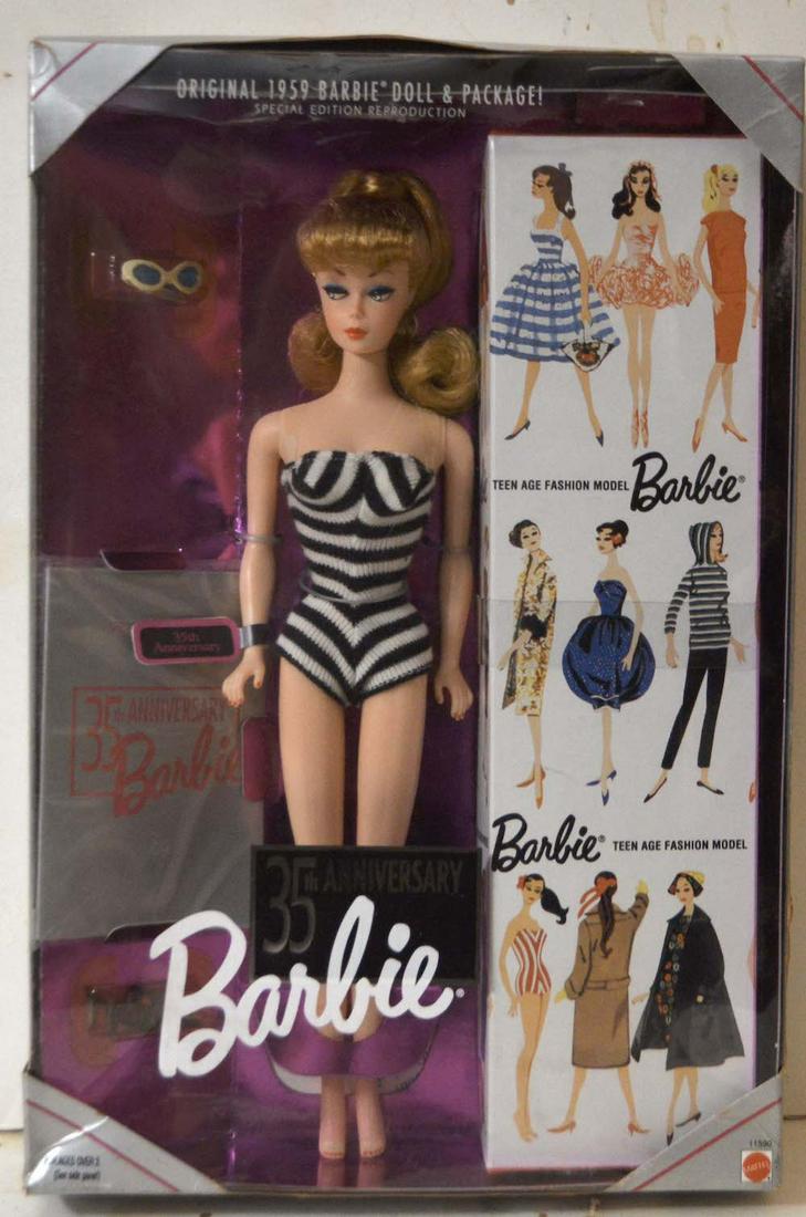BARBIE 35TH ANNIVERSARY DOLL: BARBIE 35TH ANNIVERSARY DOLL. ORIGINAL 1959 BARBIE DOLL & PACKAGE. NEW. MINT IN A BOX (111)