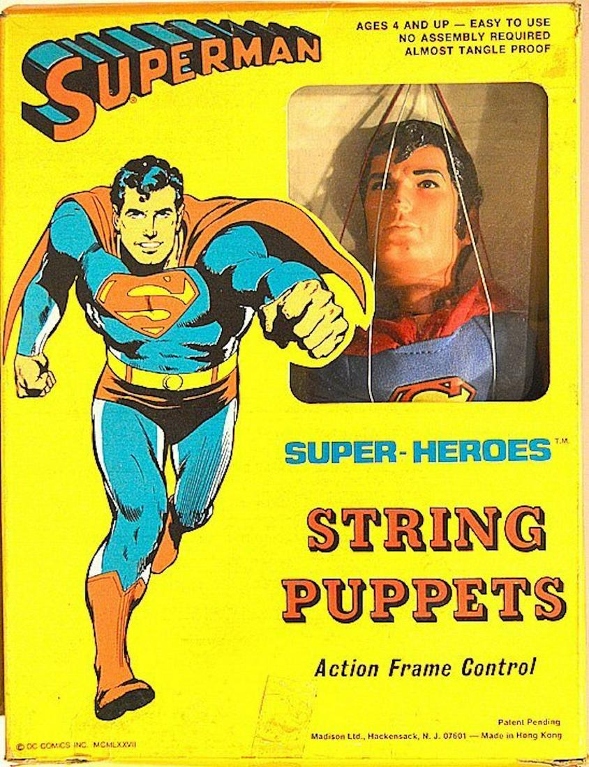 SUPERMAN "SUPER-HEROES" STRING PUPPETS FIGURE: SUPERMAN "SUPER-HEROES" STRING PUPPETS FIGURE. ITEM NO. 2330. ACTION FRAME CONTROL. NO ASSEMBLY IS REQUIRED. MINT IN BOX. COMPLETE AND INTACT. BOX SHOWS SOME SHELF WEAR (SEE PICTURES)