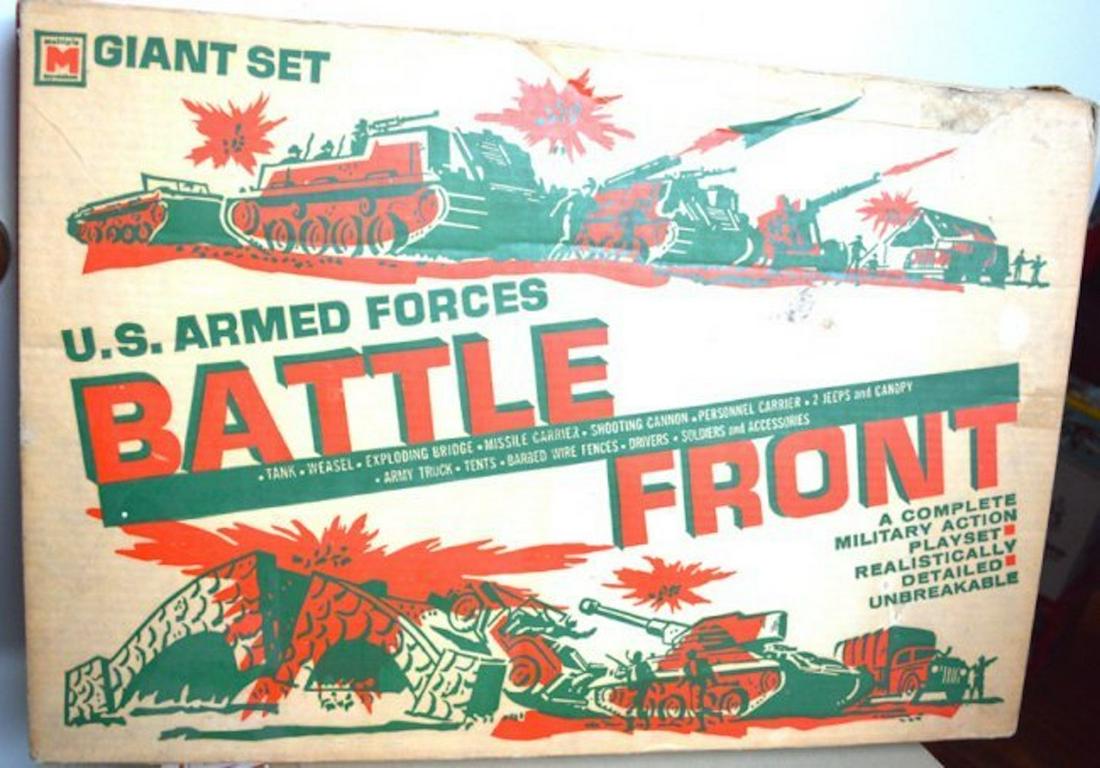 U.S. ARMED FORCES GIANT MILITARY ACTION PLAYSET: U.S. ARMED FORCES GIANT MILITARY ACTION PLAYSET. SET INCLUDES:TANK, WEASEL, EXPLOODING BRIDGE, MISSILE CARRIER, SHOOTING CANNON, PERSONNEL CARRIER, ETC. COMPLETE AND INTACT. MINT IN BOX
