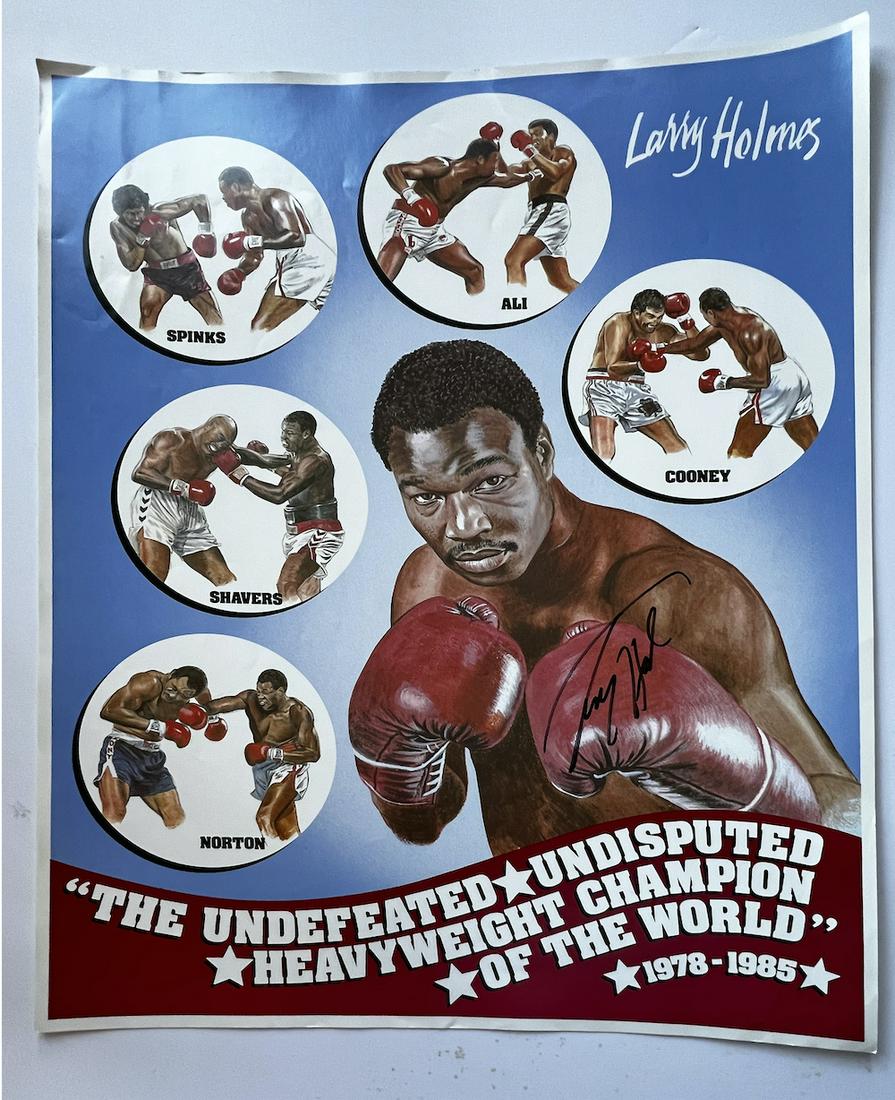 Hand Signed Larry Holmes "Heavy Weight Champion" Poster: Hand Signed Larry Holmes "Heavy Weight Champion" Poster. Measures at 22.5 x 17.5, some wrinkles on the top of poster, otherwise good condition