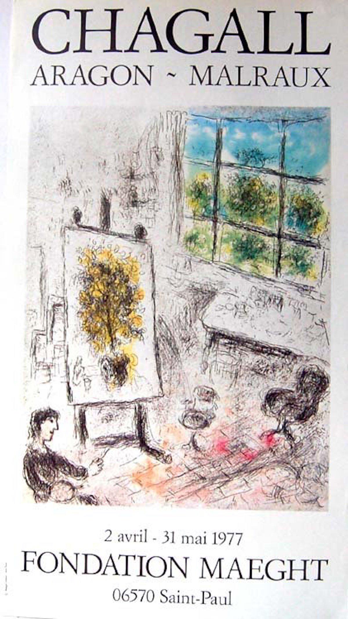 MARC CHAGALL "ARAGON-MALRAUX" 1977 EXHIBITION POSTER: MARC CHAGALL "ARAGON-MALRAUX" 1977 EXHIBITION POSTER. LITHOGRAPH OFFSET. MEASURES AT 16 X 29.5