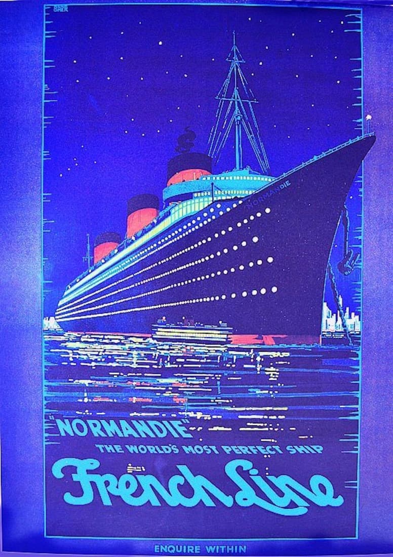 HERKOMER NORMANDIE-THE WORLD: HERKOMER NORMANDIE-THE WORLD'S MOST PERFECT SHIPFRANCH LINE-INQUIRE WITHIN-- NORMANDIE 1939 ARTIST: HERKOMER c 1997 WIZARD & GENIUS-IDEALDECOR AG 8618 OETWIL AM SEE/ZURICH SWITZERLAND 23.5 X 31.5
