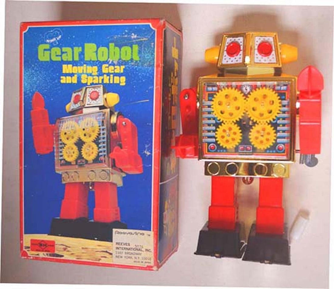 WIND UP "GEAR ROBOT" (RARE): WIND UP "GEAR ROBOT" (RARE). FEATURES: MOVING GEAR AND SPARKLING ACTIONS. THIS IS A VERY RARE ROBOT. A CLASSIC. MEASURES ABOUT 8.5 INCHES. TESTED AND WORKS