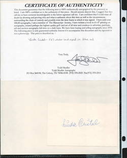 LINDA CRISTAL SIGNED AUTOGRAPH ON A 5 X 3 CARD W/COA: LINDA CRISTAL SIGNED AUTOGRAPH ON A 5 X 3 CARD W/COA. SINGED IN BLUE INK. THIS ITEM IS 100% AUTHENTICALLY AUTOGRAPHED BY THE PERSON(S) LISTED. COMES WITH A CERTIFICATE OF AUTHENTICITY FROM TODD MUELLE
