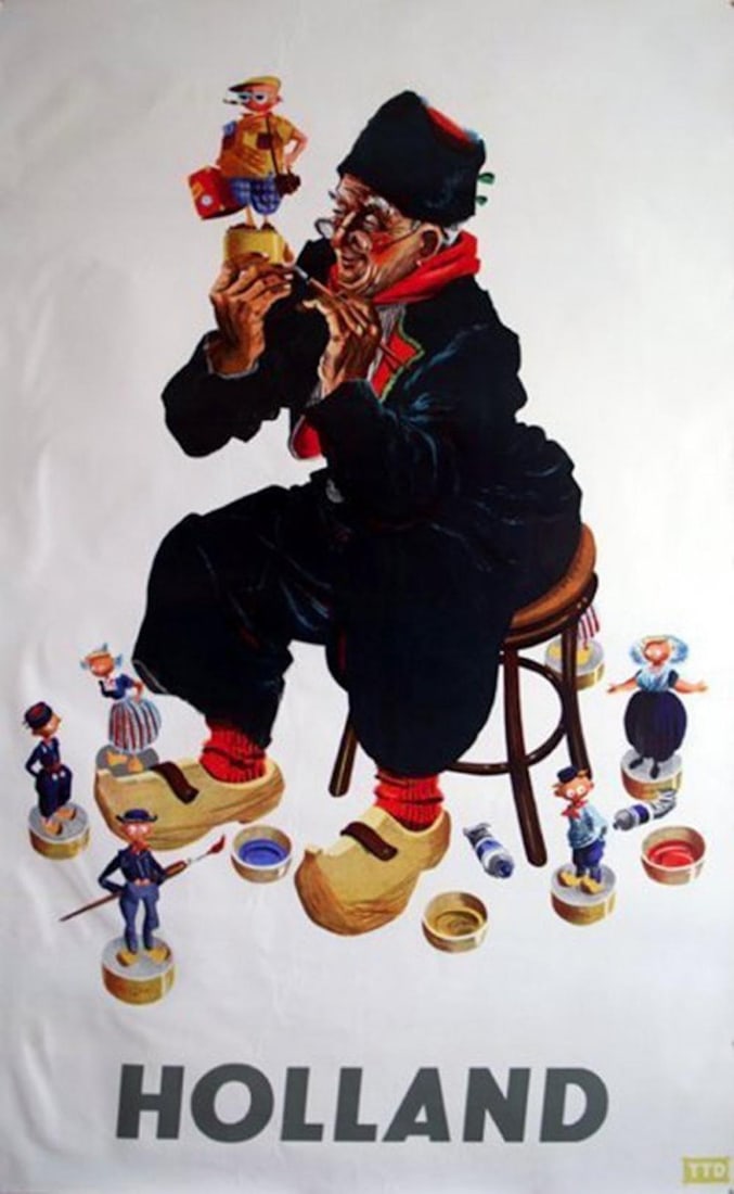 ANON, HOLLAND colourful original vintage travel: ANON, HOLLAND colourful original vintage travel advertisement, featuring a wooden toy maker.
