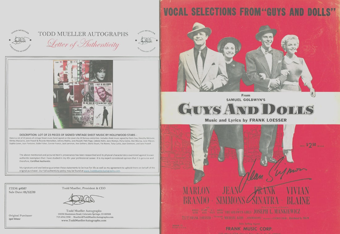 Jean Simmons - Signed Vocal Selection from "Guys And: Jean Simmons - Signed Vocal Selection from "Guys And Dolls" w/ COA. This is a vocal selection of "Guys And Dolls." It is signed by Jean Simmons. It comes complete with 8 original vocal selections: Ade