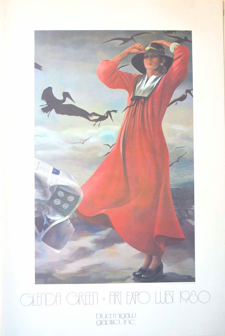 GLENDA GREEN - "WOMAN IN RED": GLENDA GREEN - "WOMAN IN RED", 1980, MEASURES AT 25 X 38, GOOD CONDITION (2)