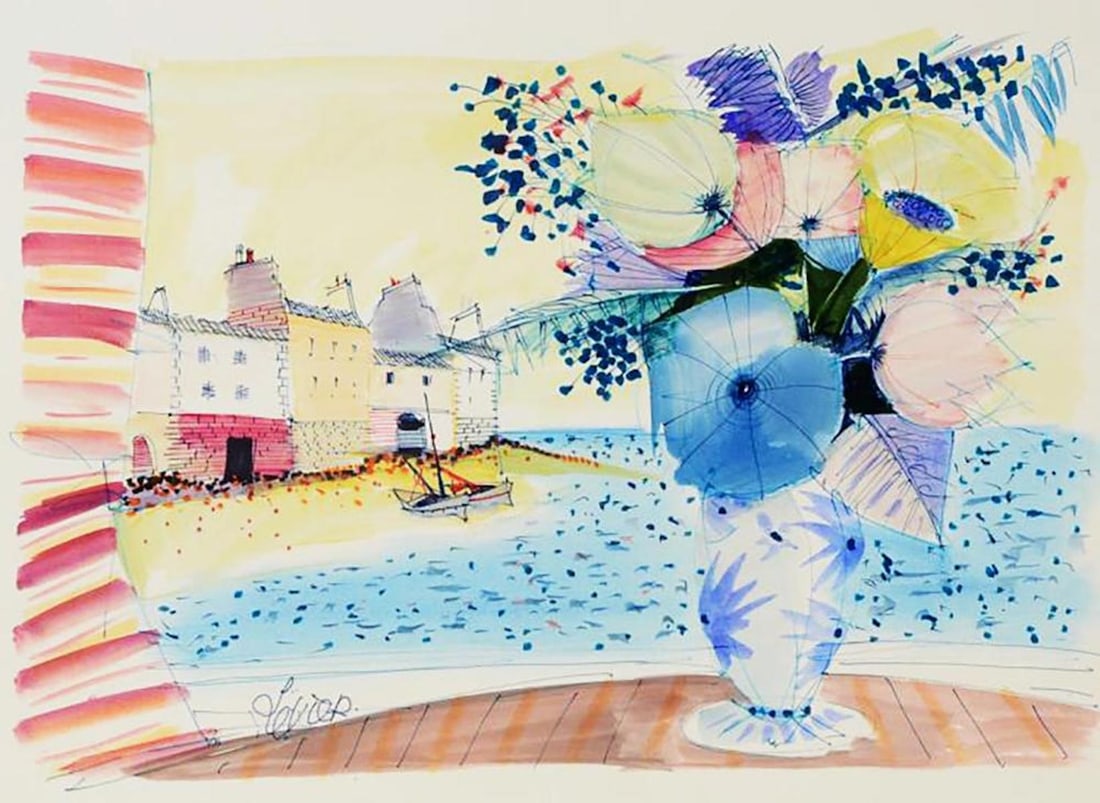 Charles Levier (1920 - 2003) - Signed watercolor and: Charles Levier (1920 - 2003) watercolor and ink rendering of flowers with boats in the distance. sheet size: 27.5" x 20.5" Signed lower left