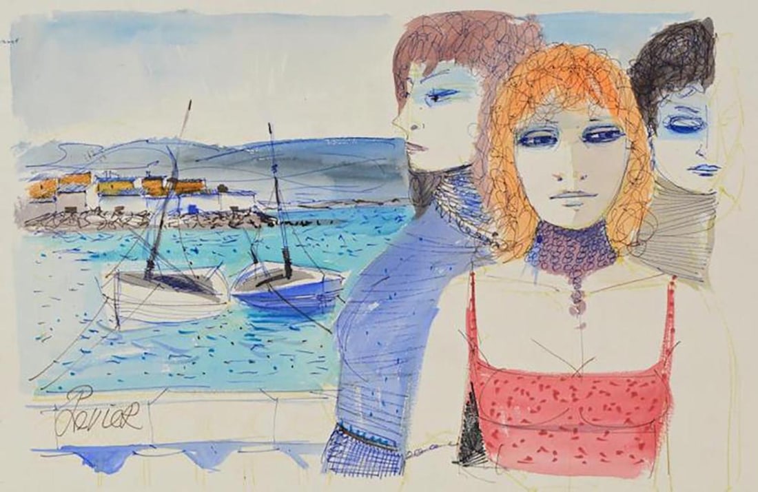 Charles Levier (1920 - 2003) - Signed watercolor and: Charles Levier (1920 - 2003) watercolor and ink rendering of a Three women with boats and the ocean in the background. sheet size: 29" x 21" Signed lower left