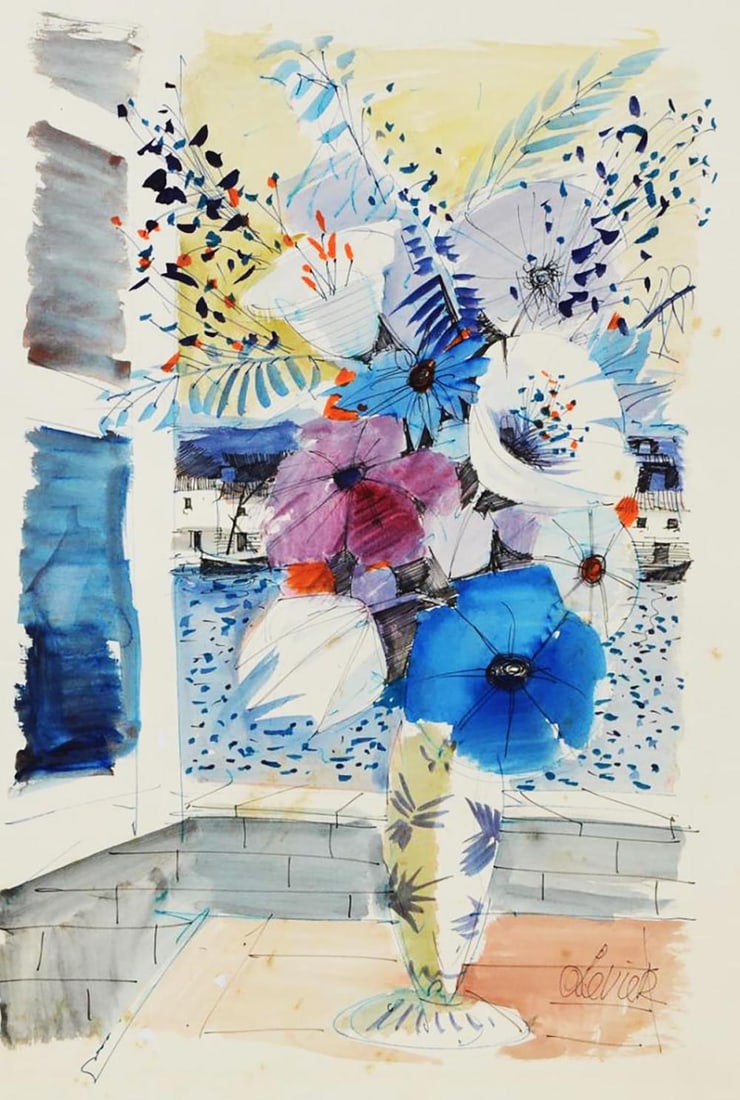 Charles Levier (1920 - 2003) - Signed watercolor and: Charles Levier (1920 - 2003) watercolor and ink rendering of flowers. sheet size: 26" x 20.5" Signed lower right.