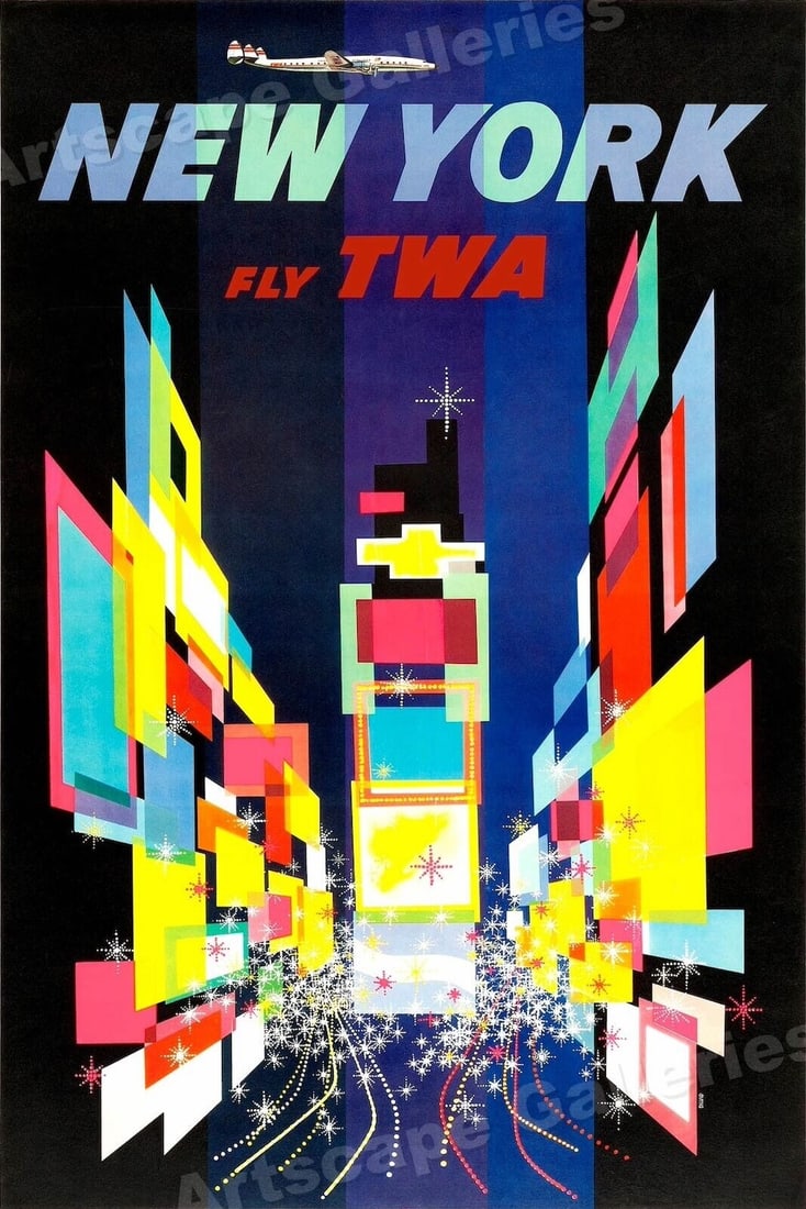 New York TWA Vintage Travel Poster (Reprint): This great Vintage Style Reproduction Travel Poster shows a nighttime scene of Times Square in New York City. The poster reads: “ New York - Fly TWA ”. Printed in Matte Paper. 16 x 24.