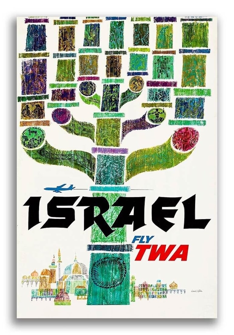 Israel Fly TWA Vintage Travel Poster (Reprint): This great Vintage Style Travel Poster shows an artistic rendition of a menorah. The poster reads: “ Israel - Fly TWA ”. 20 x 30. Excellent condition