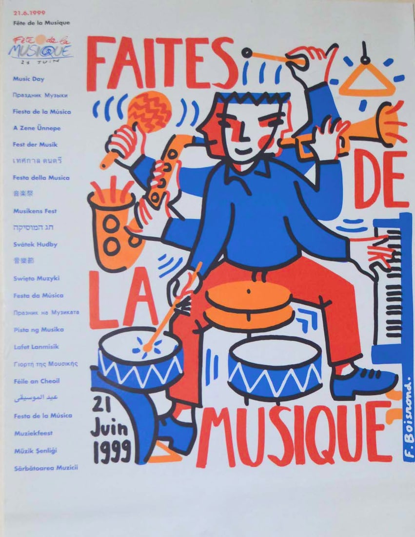 F. BOISROND - "MUSIC DAY" POSTER: F. BOISROND - "MUSIC DAY" POSTER IN 25 LANGUANGES, 1999, MEASURES AT 16 X 21, GOOD CONDITION (3)