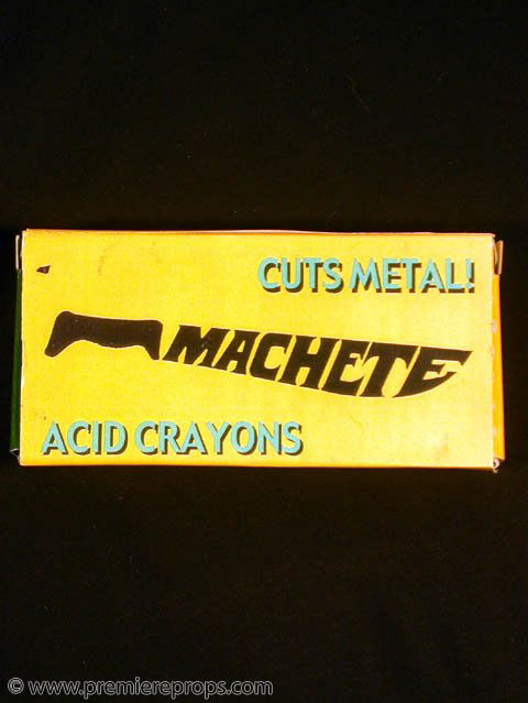 SPY KIDS High Tech Acid Crayons Movie Prop: SPY KIDS - Screenused High-Tech Acid Crayons Prop - A bright yellow crayon box with 3 super secret crayons inside!! The box reads "Cuts Metal, Machete, Acid Crayons," with the word Machete shaped like