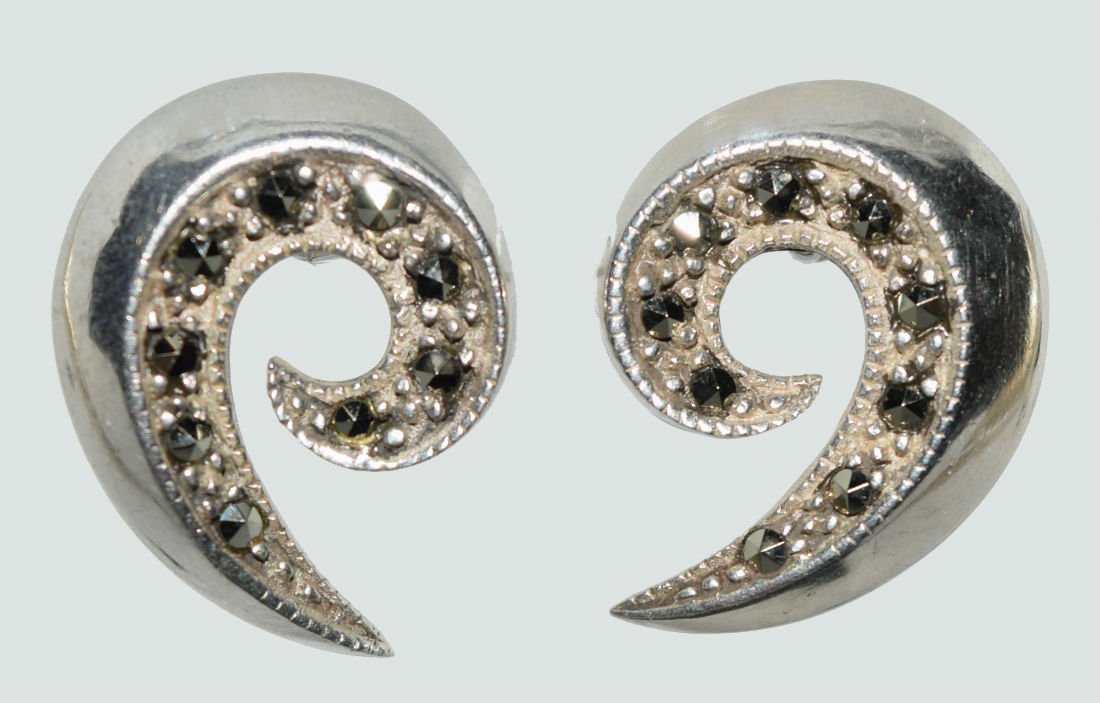 Sterling Silver Swirl Earrings: Sterling silver swirl marcasite pave post earrings. | Measurement: ½” | Weight: 5.9 grams | Stamp: 925 SU