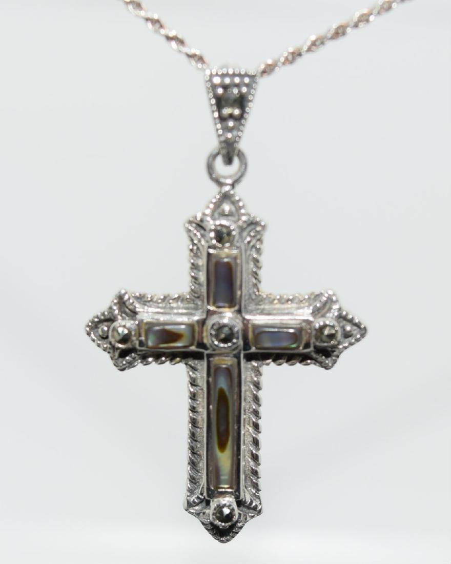Sterling Silver Abalone & Marcasite Cross Necklace: Signed JC sterling silver abalone and marcasite cross pendant rope chain necklace | Measurement: 15” long 1mm thick chain, 1.6” x 0.9” pendant | Weight: 6.1 grams | Stamp: JC 925