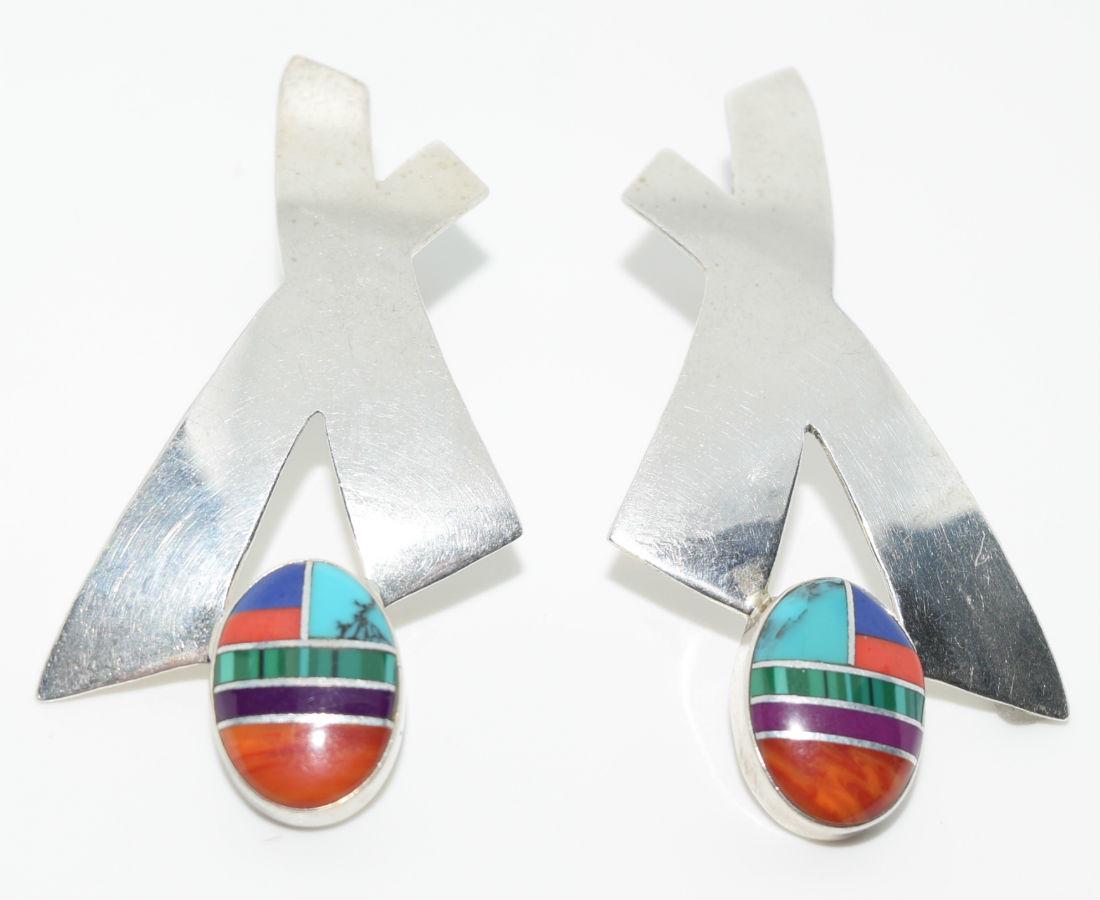 Native American Zuni Multi Stone "X" Earrings: Signed SR Native American large â€œX” earrings with oval Zuni inlay work. Multi stones include turquoise, lapis lazuli, coral, malachite, sugilite, and spiny oyster. | Measurement: 2”