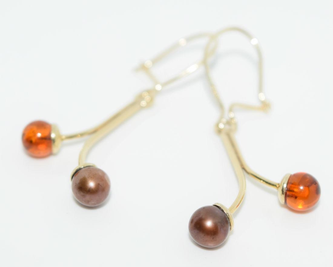Yellow Gold Over Sterling Silver Amber & Pearl Earrings (1 of 1)