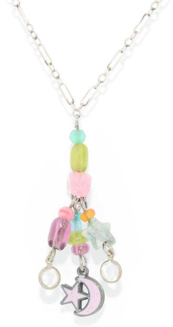 Lucy Isaacs Sterling Silver Moon & Star Bead Necklace: Lucy Isaacs sterling silver moon and star bead dangle pendant necklace | Measurement: 16" long 1.5mm thick necklace, 1.6" pendant drop | Weight: 3.5 grams | Stamp: Lucy Isaacs 925