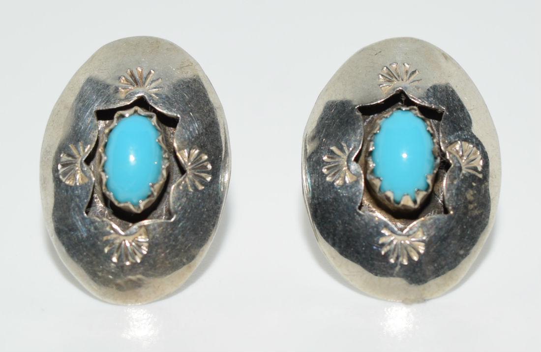 Sterling Silver Oval Shadow Box Turquoise Earrings: Sterling silver oval shadow box turquoise stud earrings with stamp detailing | Measurement: 17mm height x 13mm width | Weight: 2 grams