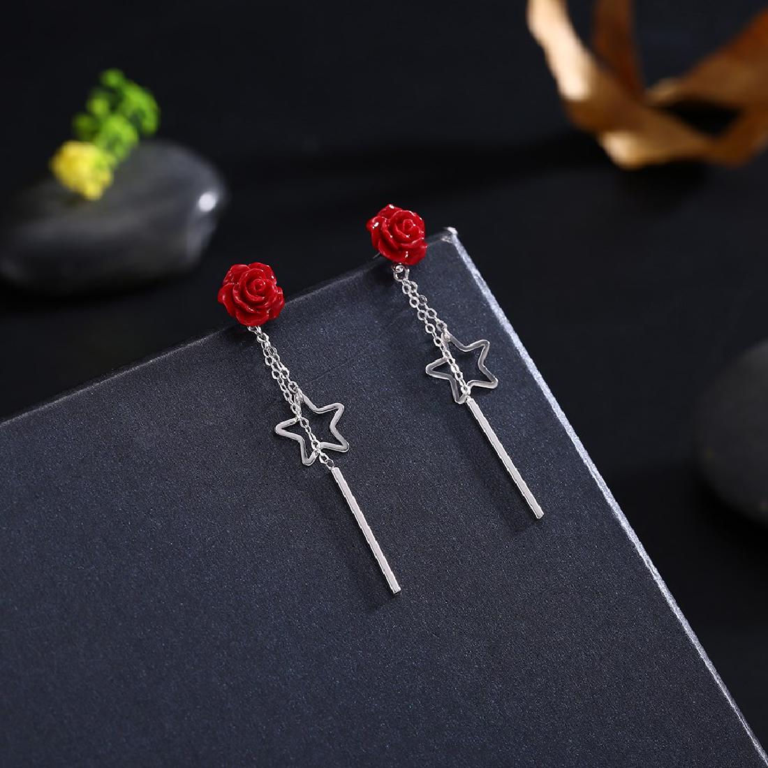 Sterling Silver Red Rose Dangle Earrings (1 of 1)