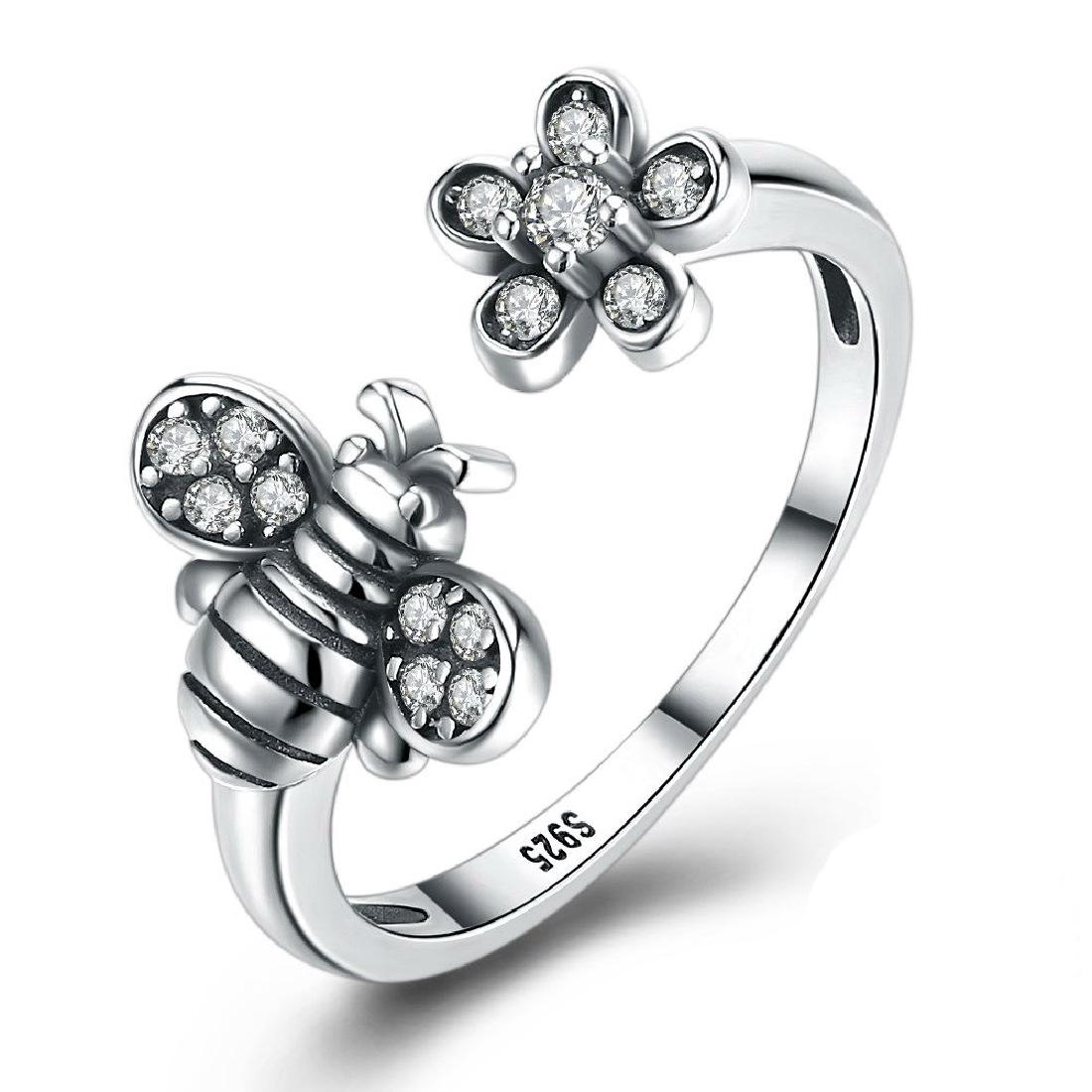 Sterling Silver Bee & Flower Adjustable Ring (1 of 3)