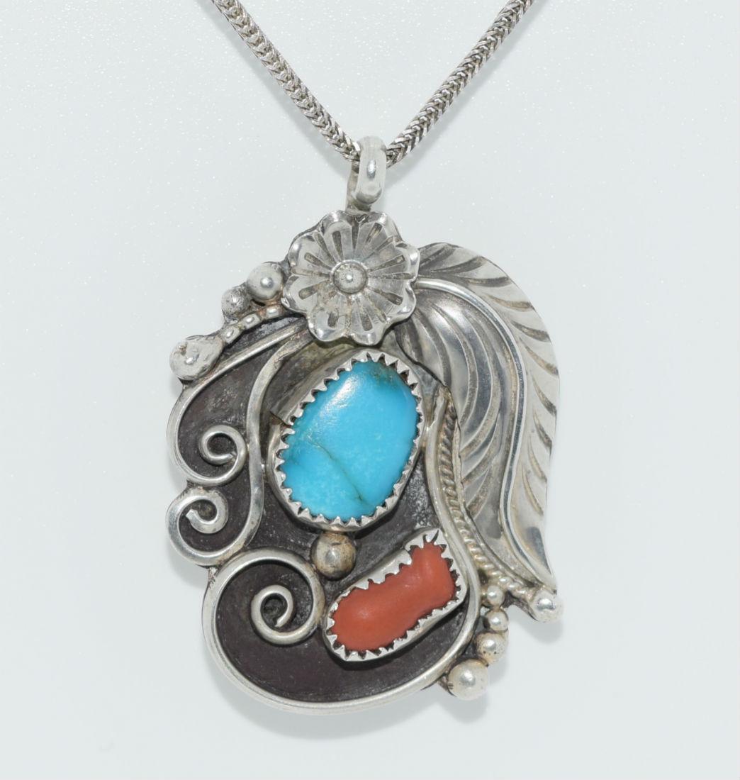 D & J Clark Navajo Sterling Silver Turquoise & Coral (1 of 5)