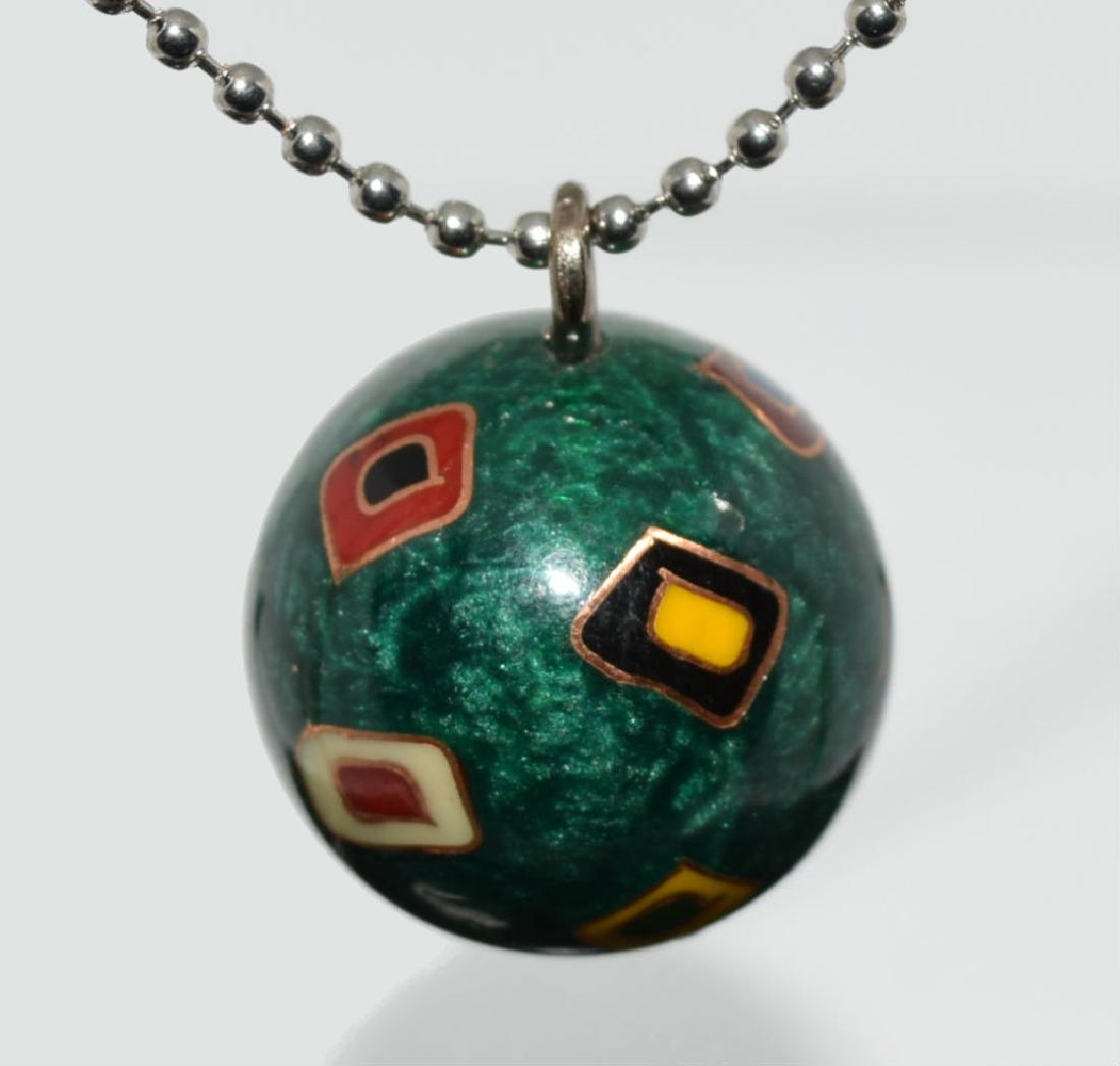 Vintage Enamel Chime Pendant on a Ball Chain: Gold Trim & Green Enamel Round Chime Pendant on Ball Chain 37” Long