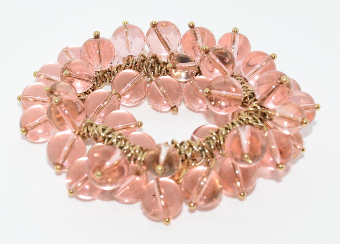 J. Crew Pink Glass Cha Cha Style Bracelet: J. Crew Fashion Gold tone Pink Glass Cha Cha Style Stretch Bracelet about 8”
