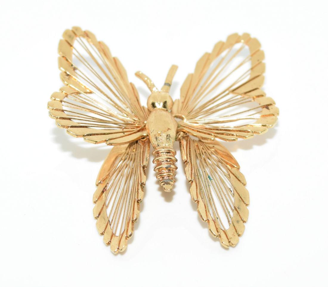 Vintage Monet Stringed Butterfly Brooch: Vintage Fashion Gold Tone Monet Stringed Butterfly Shirt Pin 2” long about 1 1/2” wide