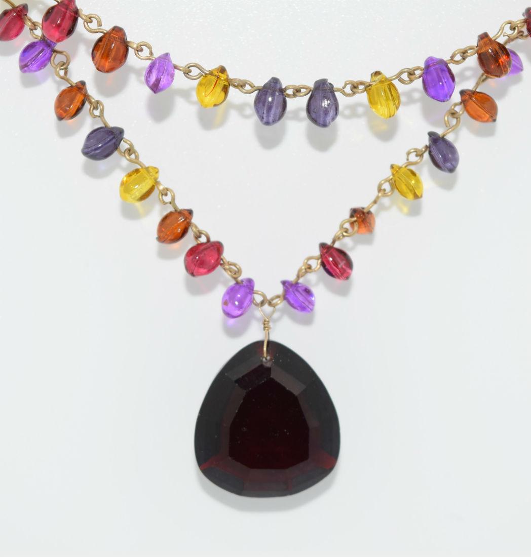 Designer Monet Bead Glass Pendant Necklace: Monet gold tone bead and suede necklace and glass pendant | Measurement: 16" - 18" length, 1" x 0.8" pendant