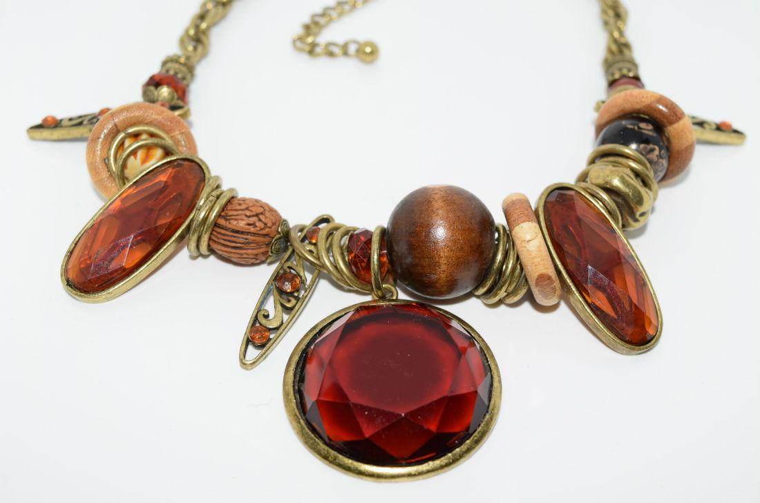Wood, Acrylic, & Gold Tone Necklace: Wood, acrylic, and gold tone necklace | Measurement: 19" - 22" length, 2.2" pendant drop