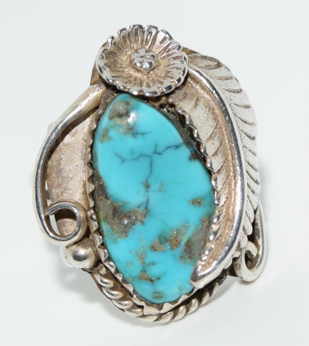 Signed SW Native American Sterling Turquoise Ring Sz7.5 (1 of 4)
