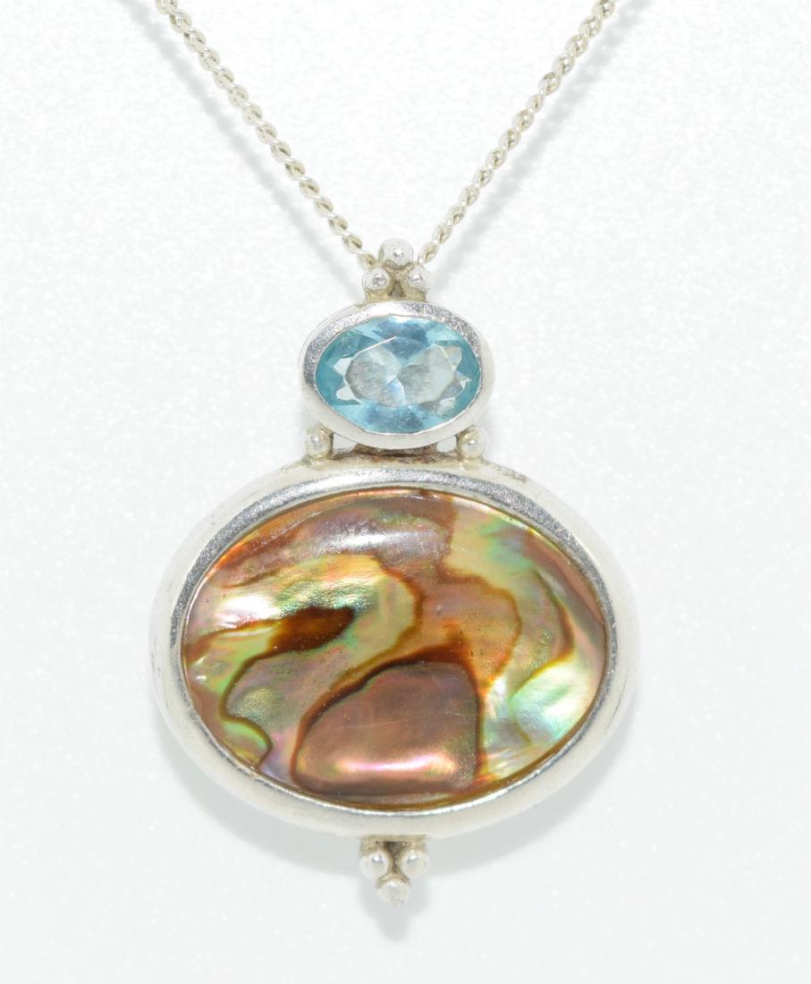 Sterling Silver Blue Cubic Ziconia Pendant Necklace: Sterling silver blue cubic zirconia and faux abalone pendant necklace | Measurement: 18.5" long 1.1mm thick, 1.1" x 0.8" pendant | Weight: 5.2 grams | Stamp: 925