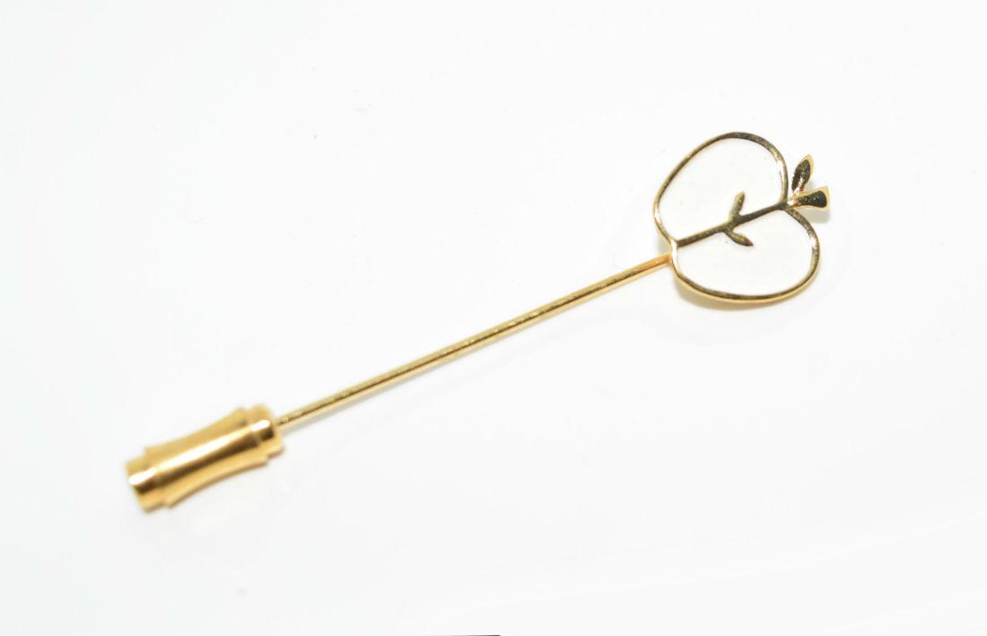 Vintage Trifari Gold Tone & Enamel Apple Stick Pin: Vintage Trifari gold tone and cream enamel apple stick pin | Measurement: 2.2" length