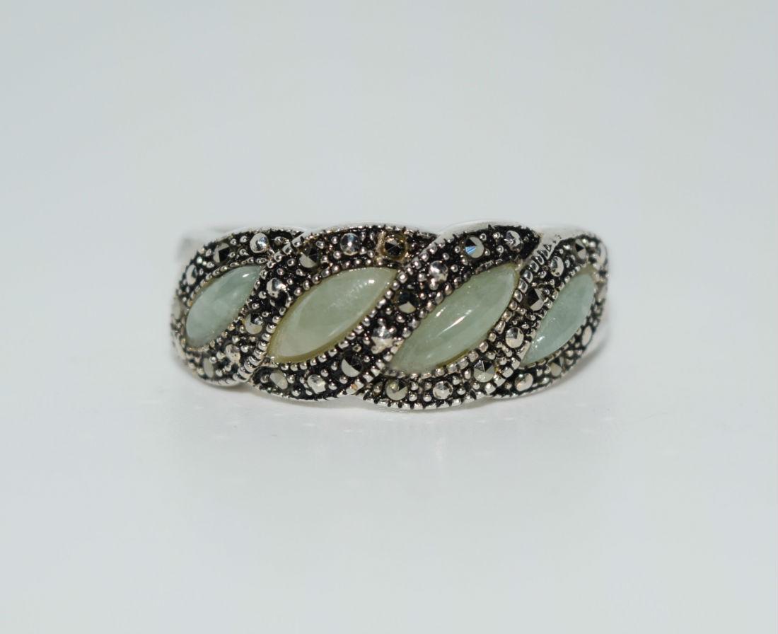 Sterling Silver Jade & Marcasite Ring Sz 9.25 (1 of 3)