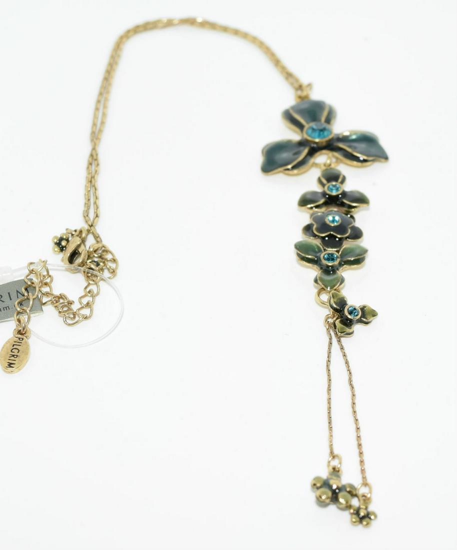 Pilgrim Teal Enamel Lariat Flower Necklace: Pilgrim Teal Enamel & Rhinestone Gold Tone Flower Drop Necklace about 13” Long with a 5” Drop
