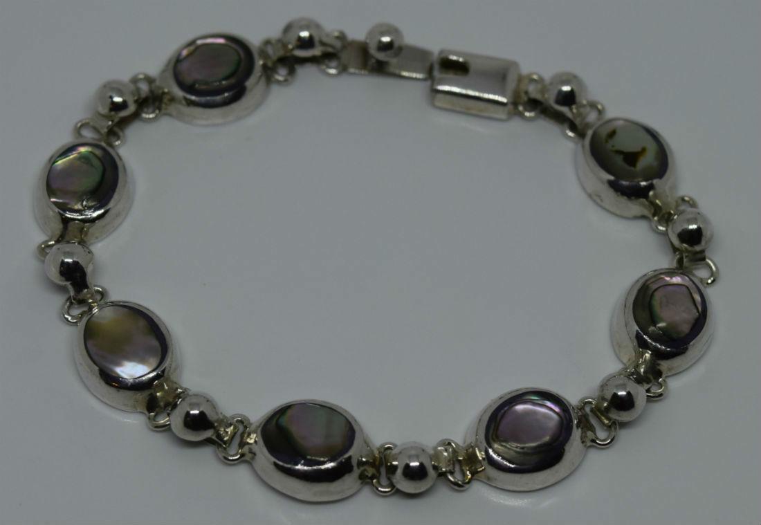 Solid! Vtg Sterling Silver Abalone Link Bracelet (1 of 3)