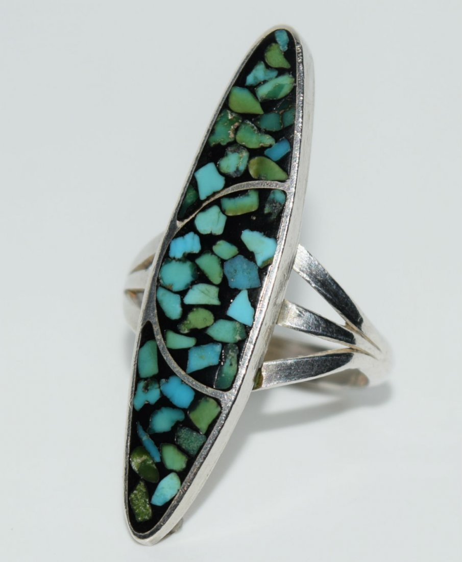 Vtg Sterling Silver Elongated Turquoise Ring sz 7.5 (1 of 2)