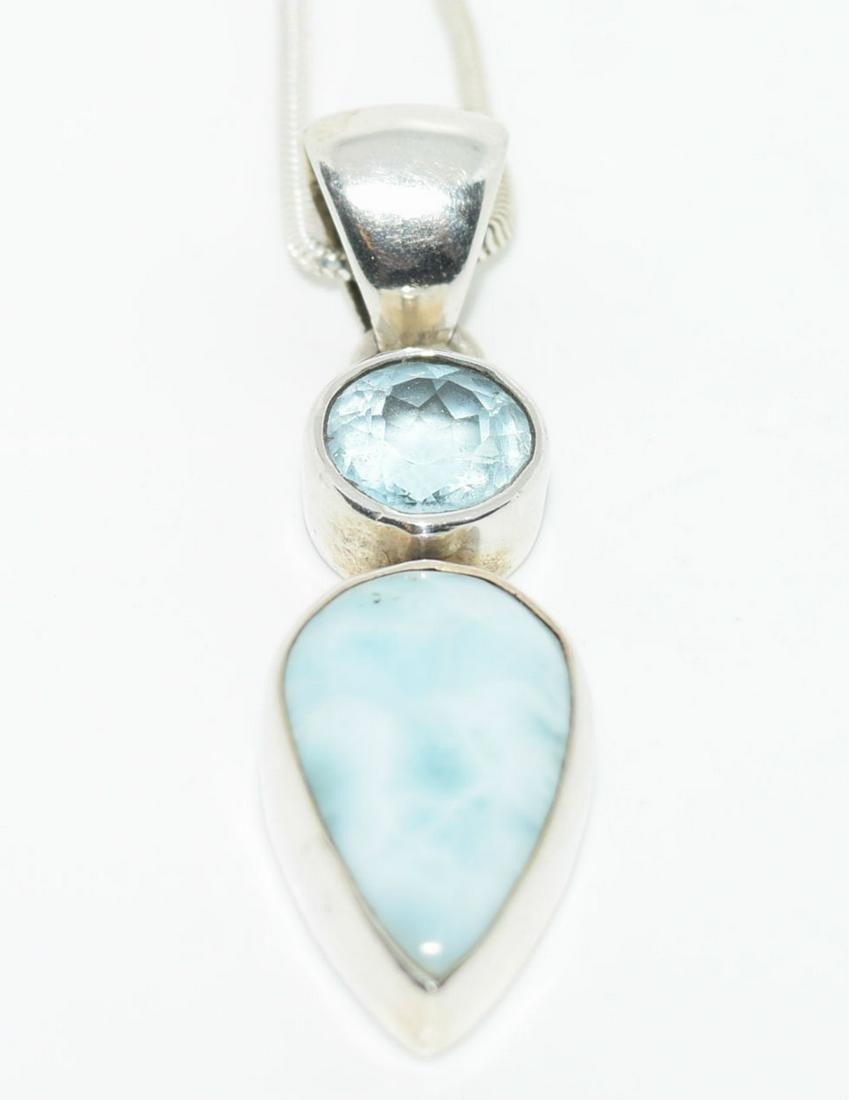 Vtg Sterling 7.65ct Larimar & Topaz Pendant Necklace (1 of 2)