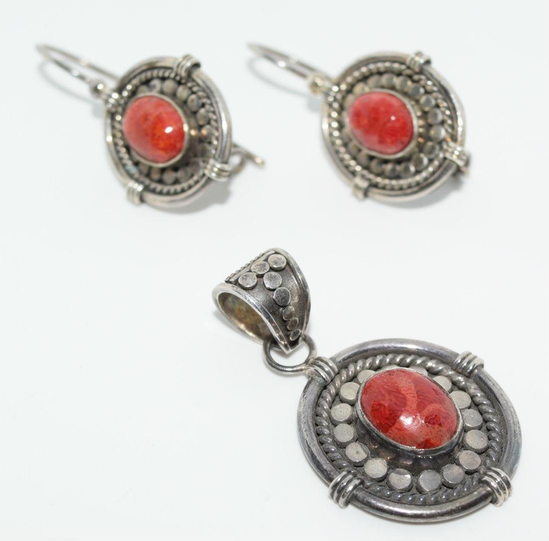 Vtg Sterling Silver Natural Coral Pendant & Earrings: The pendant has a 42.5mm drop and is 24.5mm wide with a 12x10mm oval center coral. The earrings have a 37.5mm drop and are 19.3mm wide with a 10x8mm center coral. Stamped ATI, 925, Indonesia